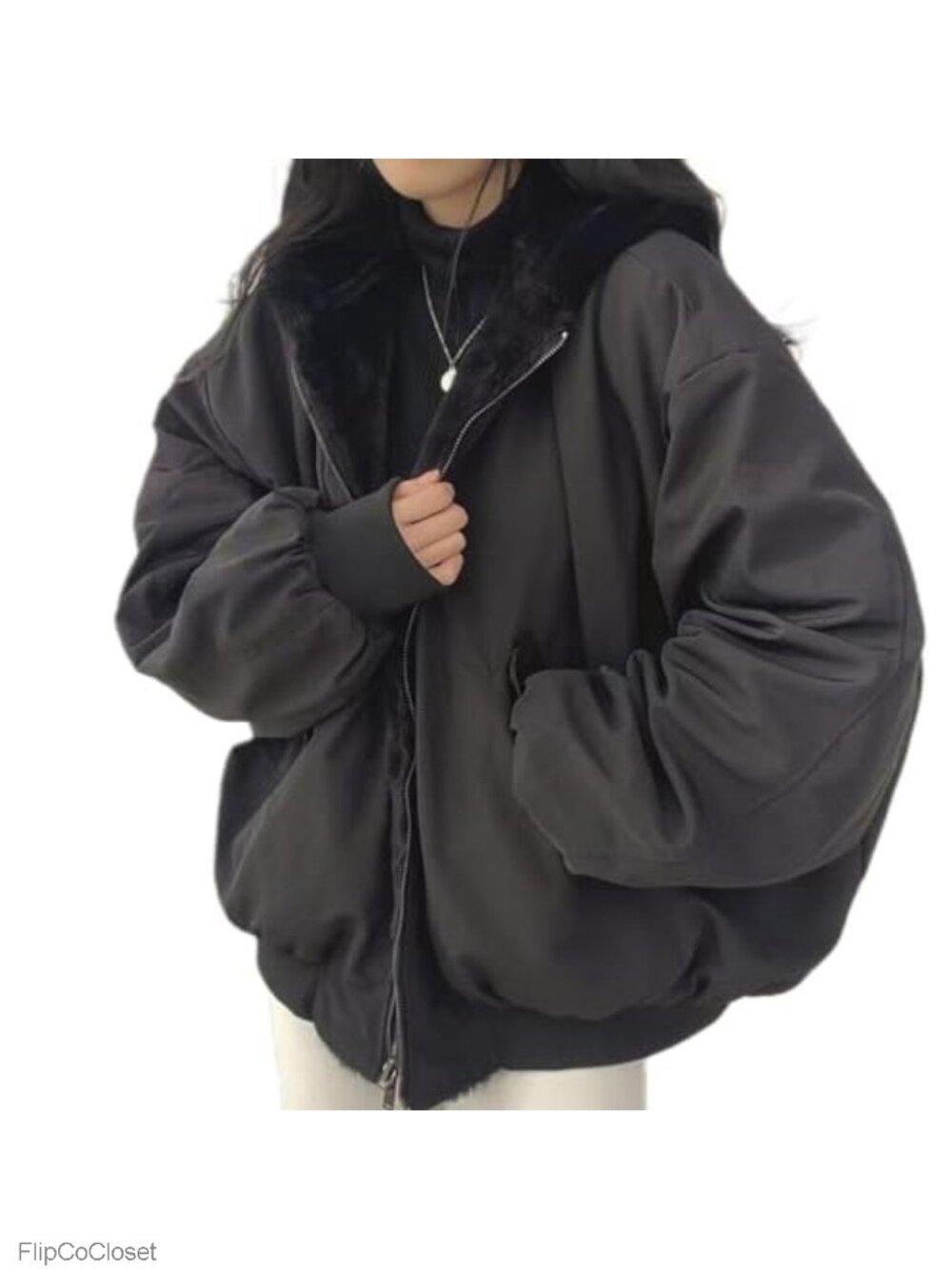 Sherpa Fleece Zip Up Hoodie Reversible Jacket Loose Fit Long Sleeve Women